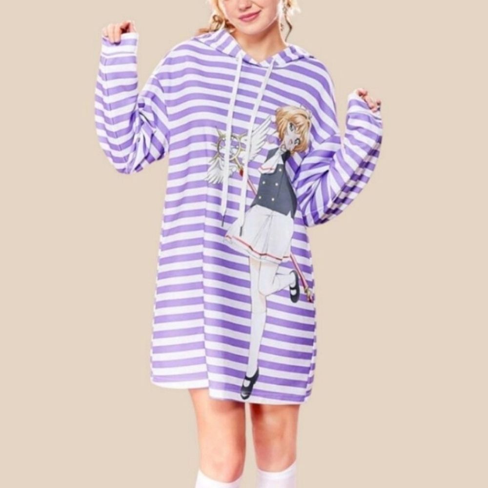 Cardcaptor Sakura Graphic Purple White Striped Long Sleeve Hoodie Sweater Dress